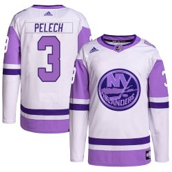 Adam Pelech New York Islanders Youth Adidas Authentic White/Purple Hockey Fights Cancer Primegreen Jersey