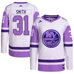 Billy Smith New York Islanders Men's Adidas Authentic White/Purple Hockey Fights Cancer Primegreen Jersey