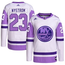 Bob Nystrom New York Islanders Youth Adidas Authentic White/Purple Hockey Fights Cancer Primegreen Jersey
