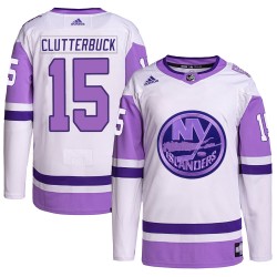 Cal Clutterbuck New York Islanders Men's Adidas Authentic White/Purple Hockey Fights Cancer Primegreen Jersey