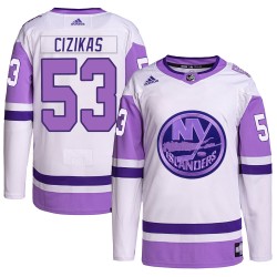 Casey Cizikas New York Islanders Men's Adidas Authentic White/Purple Hockey Fights Cancer Primegreen Jersey