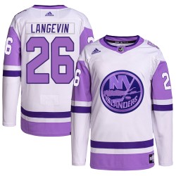 Dave Langevin New York Islanders Youth Adidas Authentic White/Purple Hockey Fights Cancer Primegreen Jersey
