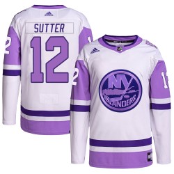 Duane Sutter New York Islanders Youth Adidas Authentic White/Purple Hockey Fights Cancer Primegreen Jersey