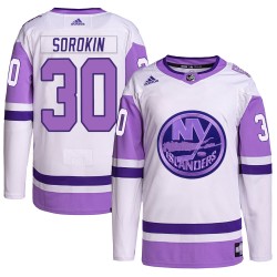 Ilya Sorokin New York Islanders Youth Adidas Authentic White/Purple Hockey Fights Cancer Primegreen Jersey