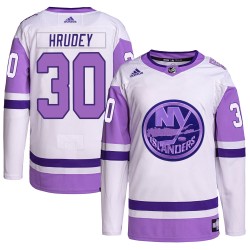 Kelly Hrudey New York Islanders Men's Adidas Authentic White/Purple Hockey Fights Cancer Primegreen Jersey