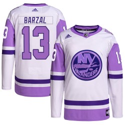 Mathew Barzal New York Islanders Youth Adidas Authentic White/Purple Hockey Fights Cancer Primegreen Jersey