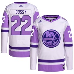 Mike Bossy New York Islanders Men's Adidas Authentic White/Purple Hockey Fights Cancer Primegreen Jersey