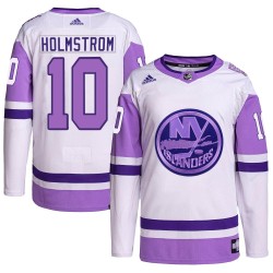 Simon Holmstrom New York Islanders Youth Adidas Authentic White/Purple Hockey Fights Cancer Primegreen Jersey