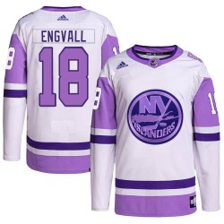 Pierre Engvall New York Islanders Men's Adidas Authentic White/Purple Hockey Fights Cancer Primegreen Jersey