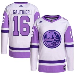 Julien Gauthier New York Islanders Men's Adidas Authentic White/Purple Hockey Fights Cancer Primegreen Jersey