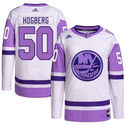Marcus Hogberg New York Islanders Men's Adidas Authentic White/Purple Hockey Fights Cancer Primegreen Jersey