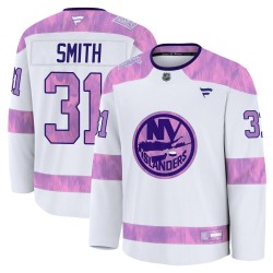 Billy Smith New York Islanders Men's Fanatics Premium White 2024 Hockey Fights Cancer Practice Jersey