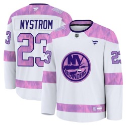 Bob Nystrom New York Islanders Men's Fanatics Premium White 2024 Hockey Fights Cancer Practice Jersey