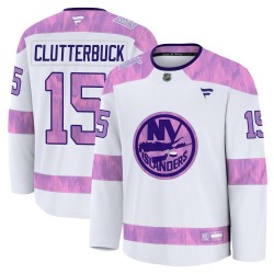 Cal Clutterbuck New York Islanders Youth Fanatics Premium White 2024 Hockey Fights Cancer Practice Jersey