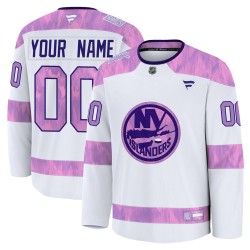 Custom New York Islanders Men's Fanatics Premium White 2024 Hockey Fights Cancer Practice Jersey