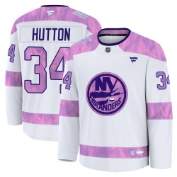 Grant Hutton New York Islanders Youth Fanatics Premium White 2024 Hockey Fights Cancer Practice Jersey