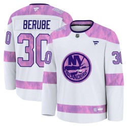 Jean-Francois Berube New York Islanders Men's Fanatics Premium White 2024 Hockey Fights Cancer Practice Jersey