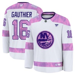 Julien Gauthier New York Islanders Youth Fanatics Premium White 2024 Hockey Fights Cancer Practice Jersey