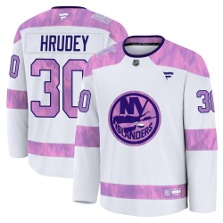 Kelly Hrudey New York Islanders Youth Fanatics Premium White 2024 Hockey Fights Cancer Practice Jersey
