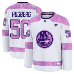 Marcus Hogberg New York Islanders Men's Fanatics Premium White 2024 Hockey Fights Cancer Practice Jersey
