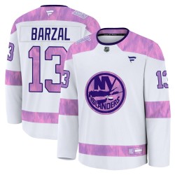 Mathew Barzal New York Islanders Men's Fanatics Premium White 2024 Hockey Fights Cancer Practice Jersey