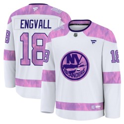 Pierre Engvall New York Islanders Youth Fanatics Premium White 2024 Hockey Fights Cancer Practice Jersey