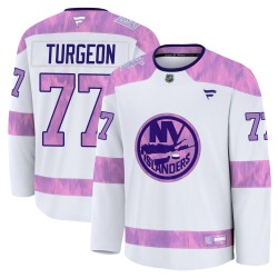Pierre Turgeon New York Islanders Men's Fanatics Premium White 2024 Hockey Fights Cancer Practice Jersey