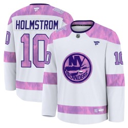 Simon Holmstrom New York Islanders Men's Fanatics Premium White 2024 Hockey Fights Cancer Practice Jersey