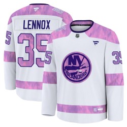 Tristan Lennox New York Islanders Men's Fanatics Premium White 2024 Hockey Fights Cancer Practice Jersey