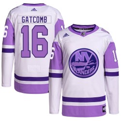 Marc Gatcomb New York Islanders Youth Adidas Authentic White/Purple Hockey Fights Cancer Primegreen Jersey