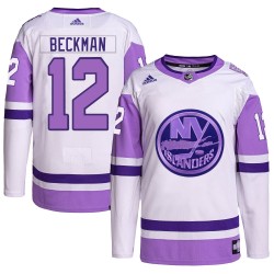 Adam Beckman New York Islanders Men's Adidas Authentic White/Purple Hockey Fights Cancer Primegreen Jersey