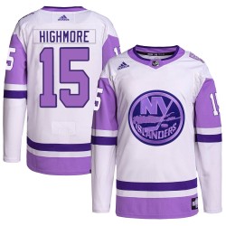 Matthew Highmore New York Islanders Men's Adidas Authentic White/Purple Hockey Fights Cancer Primegreen Jersey