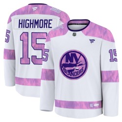 Matthew Highmore New York Islanders Youth Fanatics Premium White 2024 Hockey Fights Cancer Practice Jersey