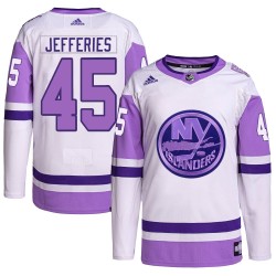 Alex Jefferies New York Islanders Youth Adidas Authentic White/Purple Hockey Fights Cancer Primegreen Jersey