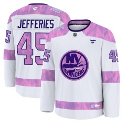 Alex Jefferies New York Islanders Youth Fanatics Premium White 2024 Hockey Fights Cancer Practice Jersey