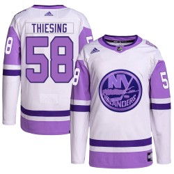 Camden Thiesing New York Islanders Youth Adidas Authentic White/Purple Hockey Fights Cancer Primegreen Jersey