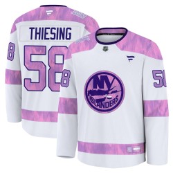 Camden Thiesing New York Islanders Youth Fanatics Premium White 2024 Hockey Fights Cancer Practice Jersey