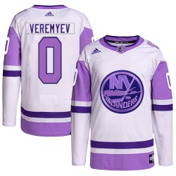 Gleb Veremyev New York Islanders Men's Adidas Authentic White/Purple Hockey Fights Cancer Primegreen Jersey
