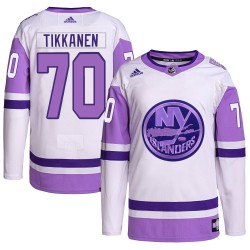 Henrik Tikkanen New York Islanders Youth Adidas Authentic White/Purple Hockey Fights Cancer Primegreen Jersey