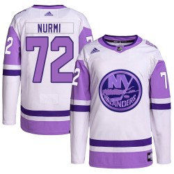 Jesse Nurmi New York Islanders Men's Adidas Authentic White/Purple Hockey Fights Cancer Primegreen Jersey