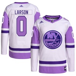 Joey Larson New York Islanders Youth Adidas Authentic White/Purple Hockey Fights Cancer Primegreen Jersey