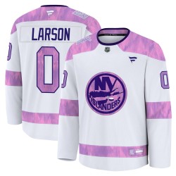 Joey Larson New York Islanders Men's Fanatics Premium White 2024 Hockey Fights Cancer Practice Jersey