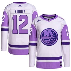Liam Foudy New York Islanders Youth Adidas Authentic White/Purple Hockey Fights Cancer Primegreen Jersey