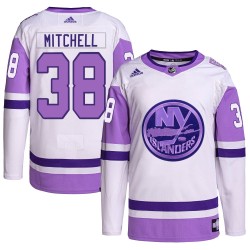 Travis Mitchell New York Islanders Youth Adidas Authentic White/Purple Hockey Fights Cancer Primegreen Jersey