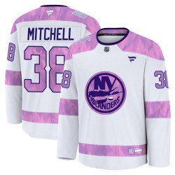 Travis Mitchell New York Islanders Men's Fanatics Premium White 2024 Hockey Fights Cancer Practice Jersey