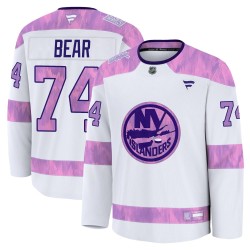 Ethan Bear New York Islanders Men's Fanatics Premium White 2024 Hockey Fights Cancer Practice Jersey