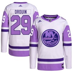 Jonathan Drouin New York Islanders Men's Adidas Authentic White/Purple Hockey Fights Cancer Primegreen Jersey