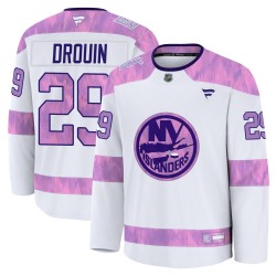 Jonathan Drouin New York Islanders Youth Fanatics Premium White 2024 Hockey Fights Cancer Practice Jersey