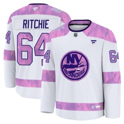 Calum Ritchie New York Islanders Men's Fanatics Premium White 2024 Hockey Fights Cancer Practice Jersey